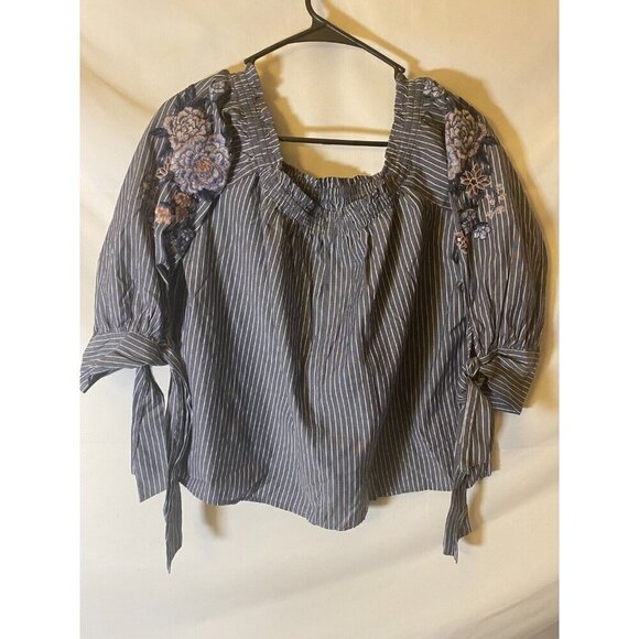 American Eagle Outfitters Striped Embroidered Floral Boho Top - Blue and Pink - Picture 11 of 13